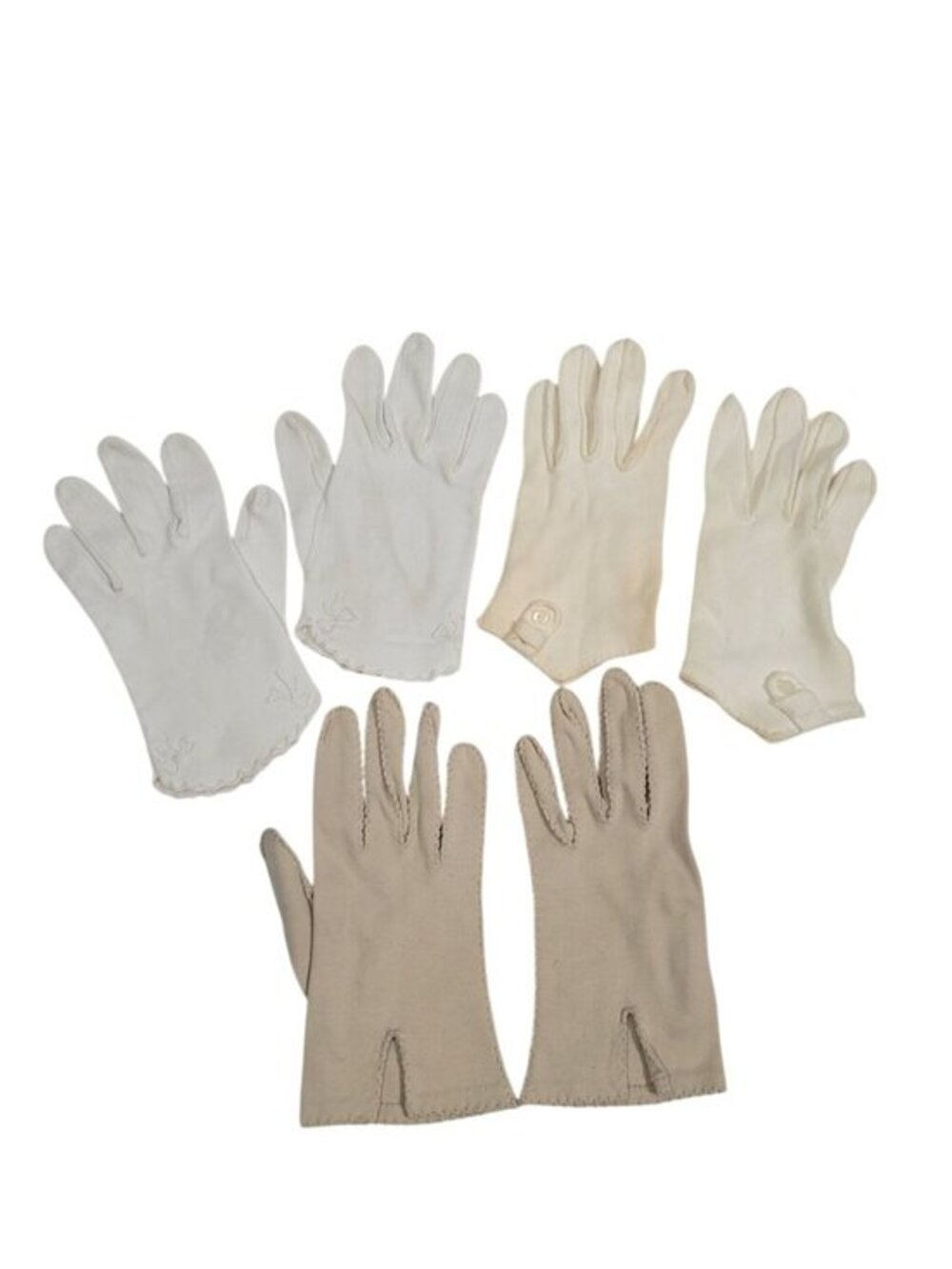 Vintage Womens Gloves Lot Of 3 Pairs Beige White Embroidered Button